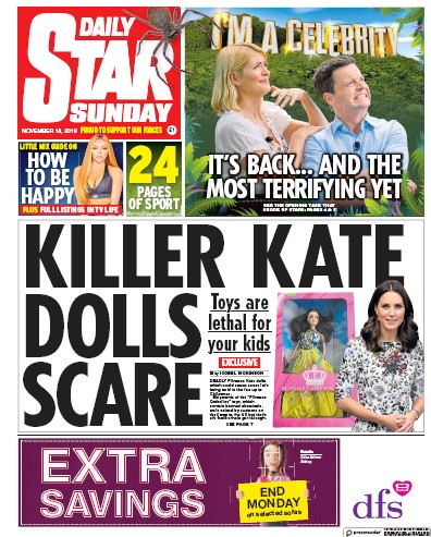 Daily Star Sunday Newspaper Front Page for 18 November 2018