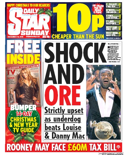 Daily Star Sunday (UK) Newspaper Front Page for 18 December 2016