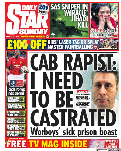 Daily Star Sunday Newspaper Front Page for 18 March 2018