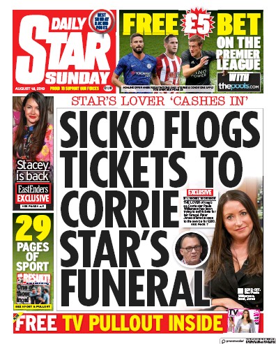 Daily Star Sunday Newspaper Front Page for 18 August 2019
