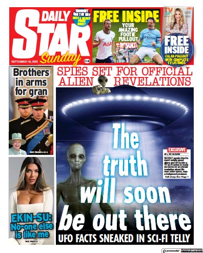 Daily Star Sunday (UK) Newspaper Front Page for 18 September 2022