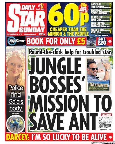 Daily Star Sunday Newspaper Front Page for 19 November 2017