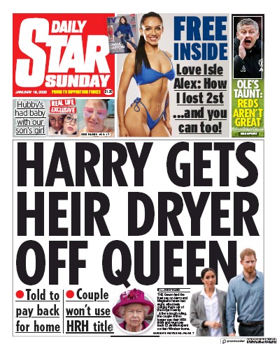 Daily Star Sunday (UK) Newspaper Front Page for 19 January 2020