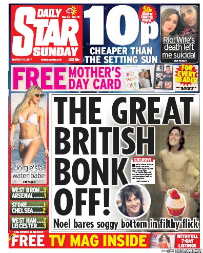 Daily Star Sunday (UK) Newspaper Front Page for 19 March 2017