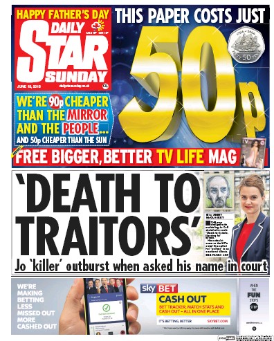 Daily Star Sunday Newspaper Front Page for 19 June 2016