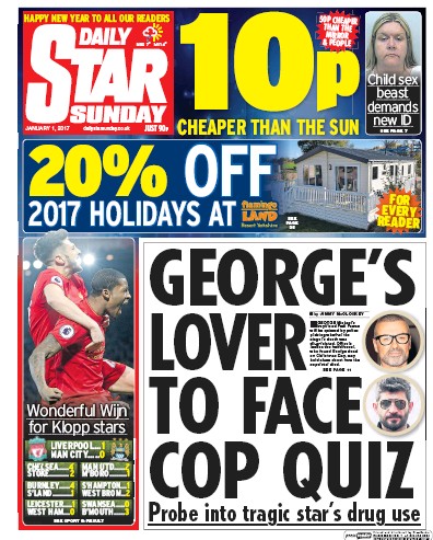 Daily Star Sunday Newspaper Front Page for 1 January 2017