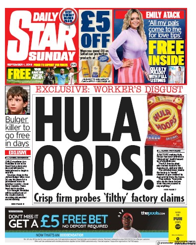Daily Star Sunday Newspaper Front Page for 1 September 2019