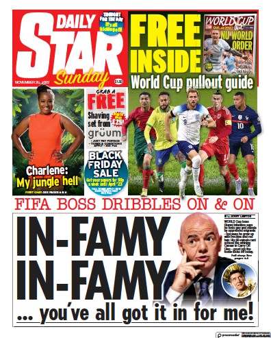 Daily Star Sunday (UK) Newspaper Front Page for 20 November 2022