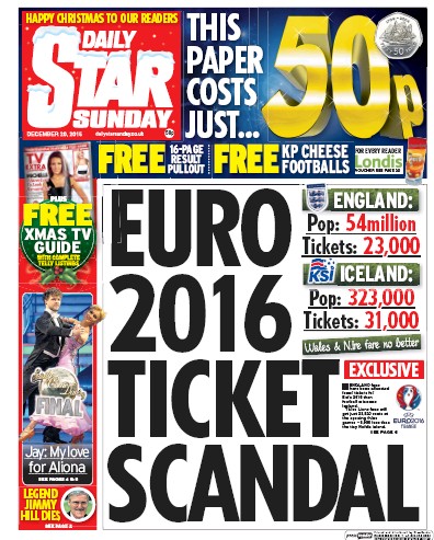 Daily Star Sunday (UK) Newspaper Front Page for 20 December 2015