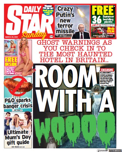 Daily Star Sunday (UK) Newspaper Front Page for 20 March 2022