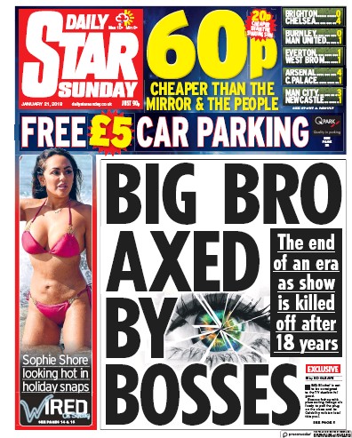 Daily Star Sunday Newspaper Front Page for 21 January 2018