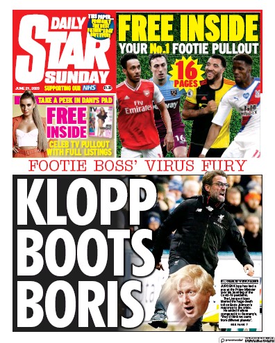 Daily Star Sunday (UK) Newspaper Front Page for 21 June 2020