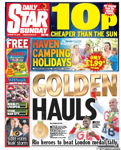 Daily Star Sunday Newspaper Front Page for 21 August 2016