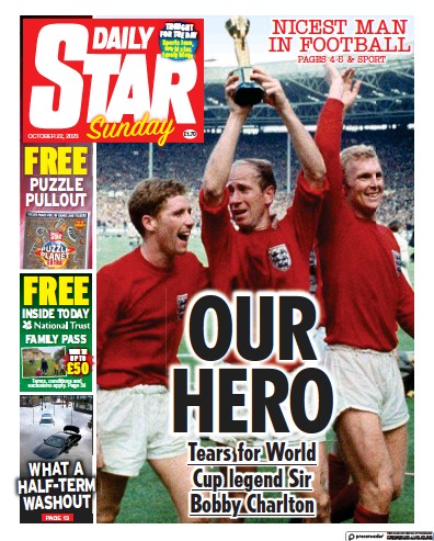 Daily Star Sunday (UK) Newspaper Front Page for 22 October 2023