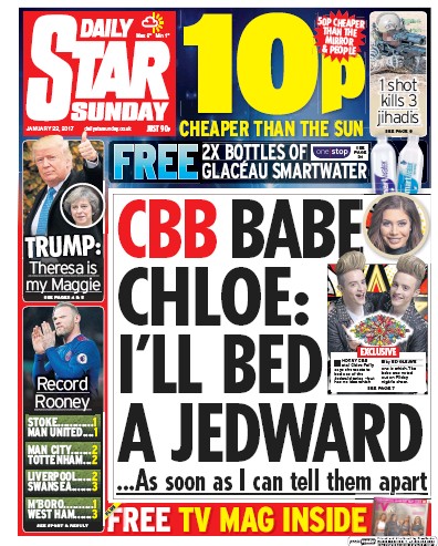 Daily Star Sunday (UK) Newspaper Front Page for 22 January 2017