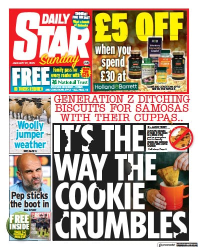 Daily Star Sunday (UK) Newspaper Front Page for 22 January 2023