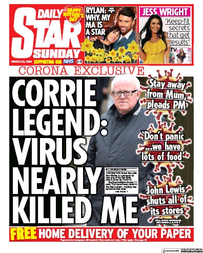 Daily Star Sunday (UK) Newspaper Front Page for 22 March 2020