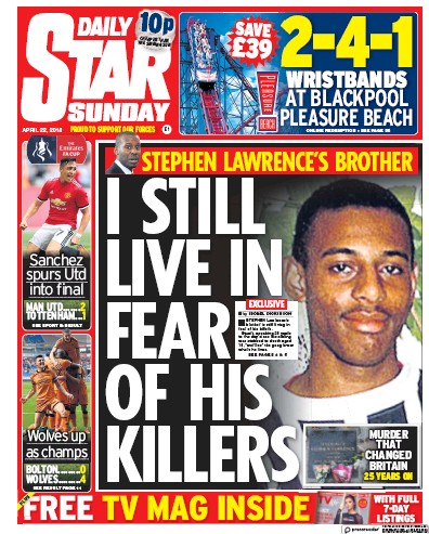 Daily Star Sunday Newspaper Front Page for 22 April 2018
