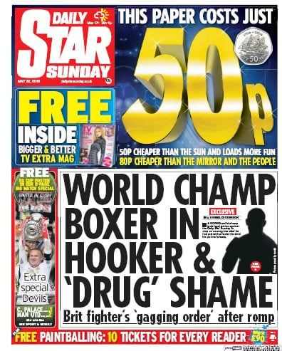 Daily Star Sunday (UK) Newspaper Front Page for 22 May 2016