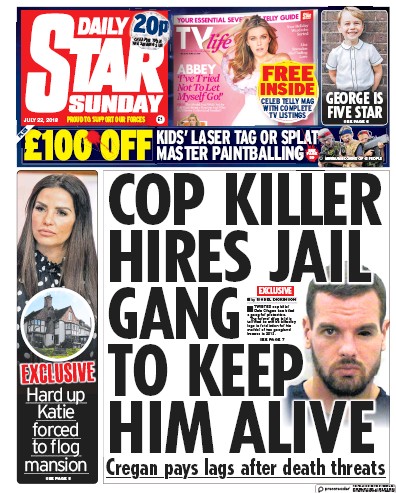Daily Star Sunday (UK) Newspaper Front Page for 22 July 2018