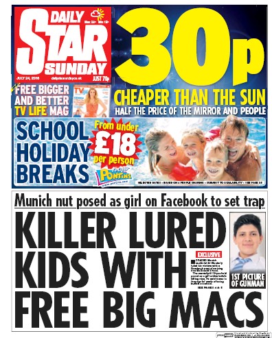Daily Star Sunday Newspaper Front Page for 24 July 2016