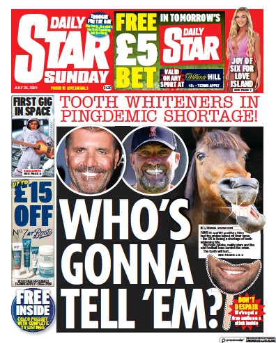 Daily Star Sunday (UK) Newspaper Front Page for 25 July 2021