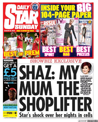 Daily Star Sunday Newspaper Front Page for 25 August 2019