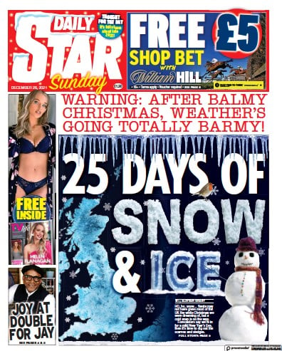Daily Star Sunday (UK) Newspaper Front Page for 26 December 2021