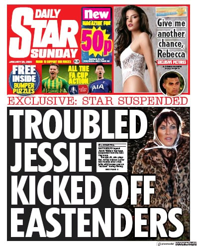 Daily Star Sunday (UK) Newspaper Front Page for 26 January 2020