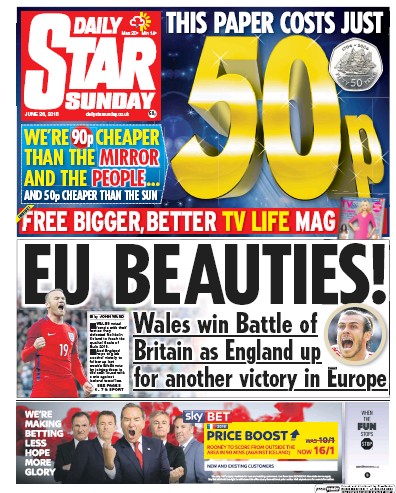 Daily Star Sunday Newspaper Front Page for 26 June 2016