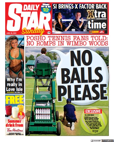 Daily Star Sunday (UK) Newspaper Front Page for 26 June 2022