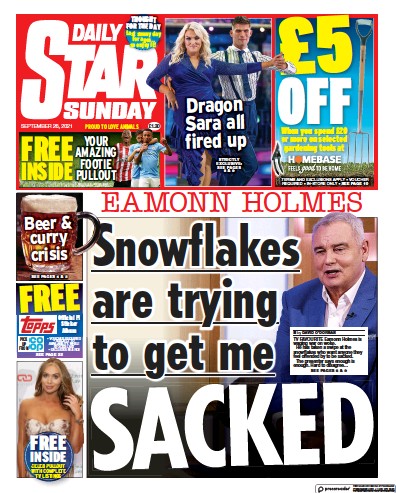 Daily Star Sunday (UK) Newspaper Front Page for 26 September 2021