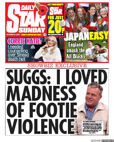 Daily Star Sunday (UK) Newspaper Front Page for 27 October 2019