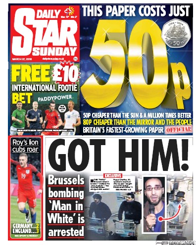Daily Star Sunday Newspaper Front Page for 27 March 2016