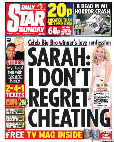 Daily Star Sunday (UK) Newspaper Front Page for 27 August 2017
