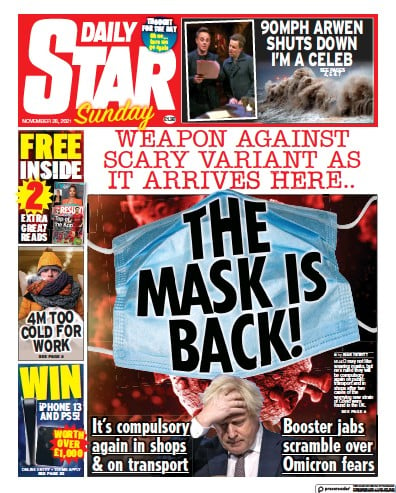 Daily Star Sunday (UK) Newspaper Front Page for 28 November 2021