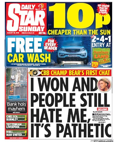 Daily Star Sunday Newspaper Front Page for 28 August 2016