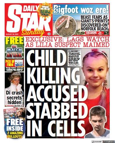 Daily Star Sunday (UK) Newspaper Front Page for 28 August 2022