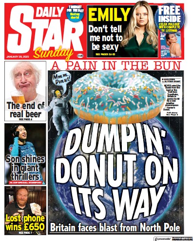 Daily Star Sunday (UK) Newspaper Front Page for 29 January 2023