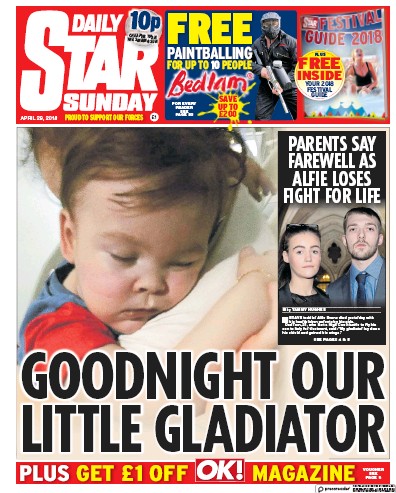 Daily Star Sunday (UK) Newspaper Front Page for 29 April 2018