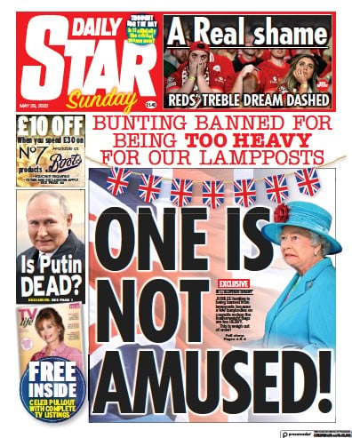 Daily Star Sunday (UK) Newspaper Front Page for 29 May 2022