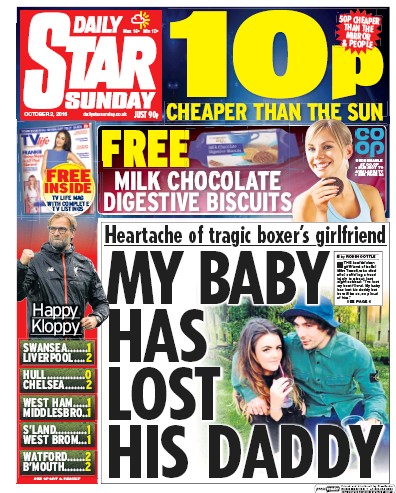 Daily Star Sunday Newspaper Front Page for 2 October 2016