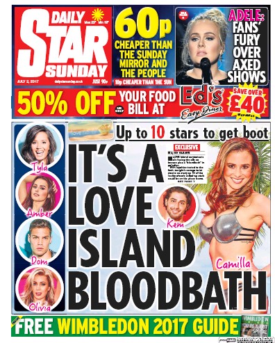 Daily Star Sunday Newspaper Front Page for 2 July 2017
