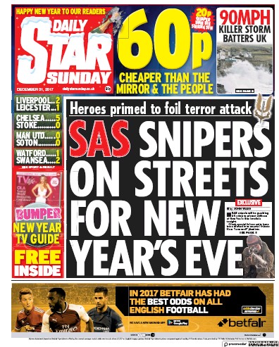 Daily Star Sunday Newspaper Front Page for 31 December 2017