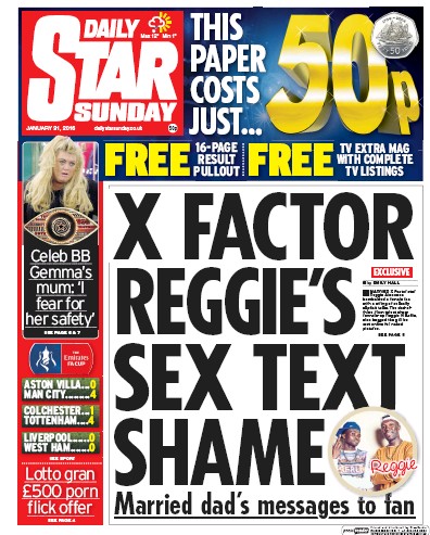 Daily Star Sunday (UK) Newspaper Front Page for 31 January 2016