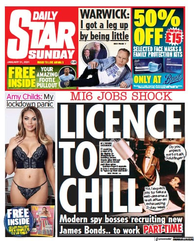 Daily Star Sunday (UK) Newspaper Front Page for 31 January 2021