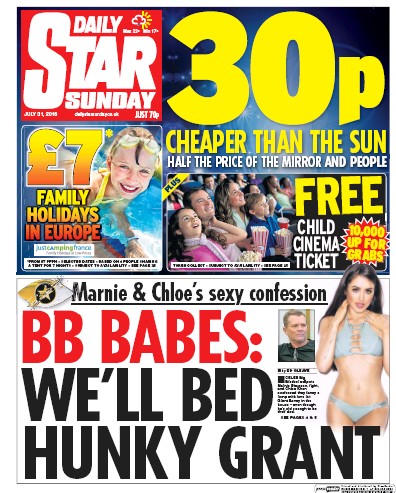 Daily Star Sunday Newspaper Front Page for 31 July 2016