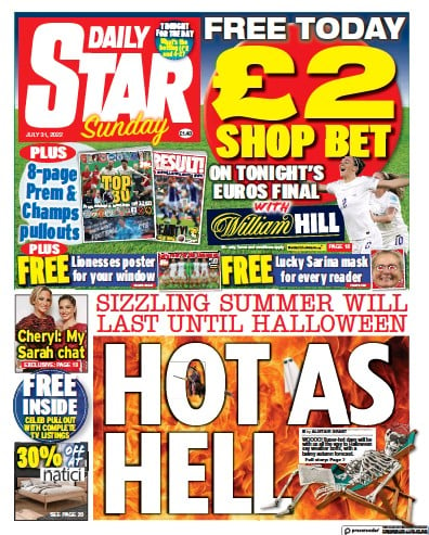 Daily Star Sunday (UK) Newspaper Front Page for 31 July 2022