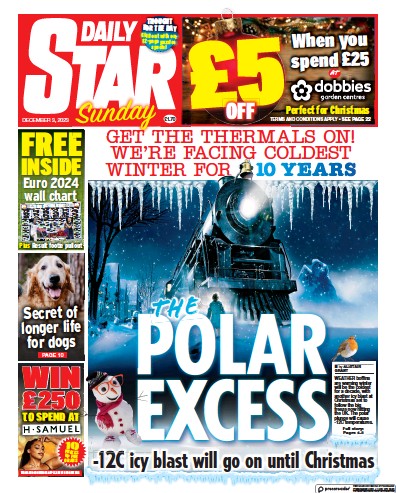 Daily Star Sunday Newspaper Front Page for 3 December 2023
