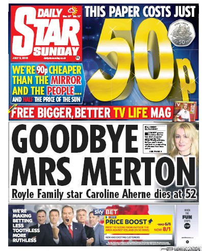 Daily Star Sunday Newspaper Front Page for 3 July 2016